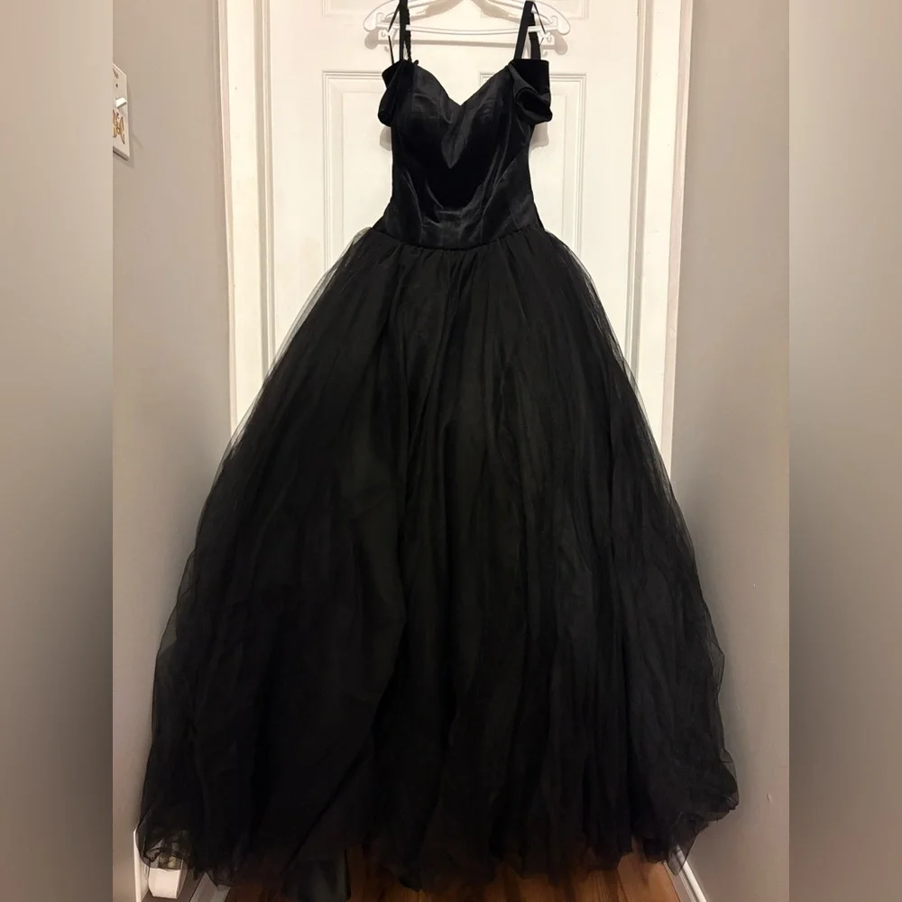 Black Velvet Princess Style Backless Prom Dress - Picture 2 of 14